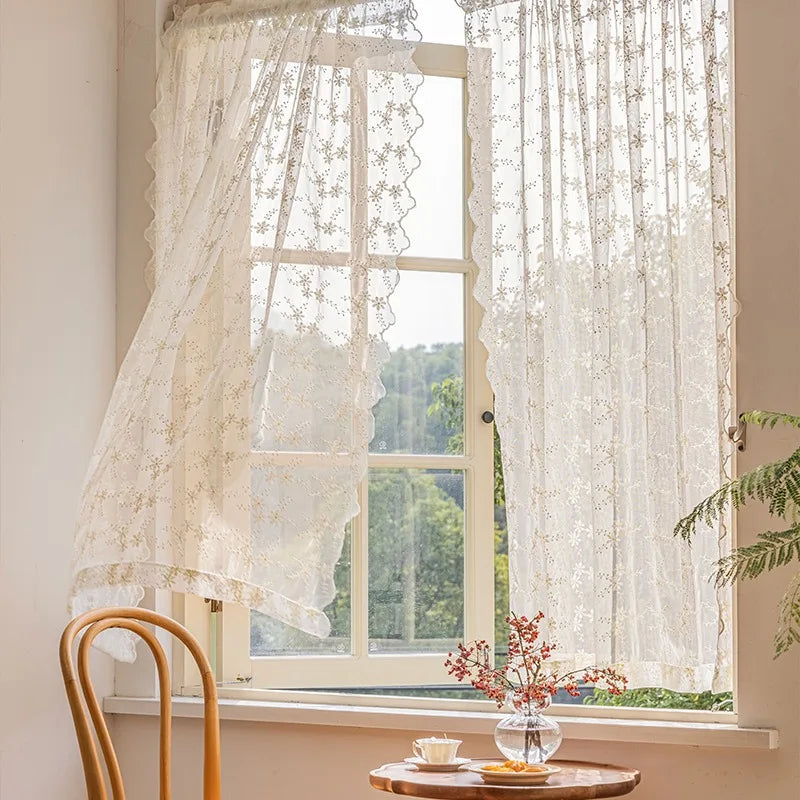 STORESDE Lace Kitchen Curtain Swaying Beige Sheer Curtains for Living Room Bedroom Window Treatment Short Vintage Floral Embroidery 1 PC