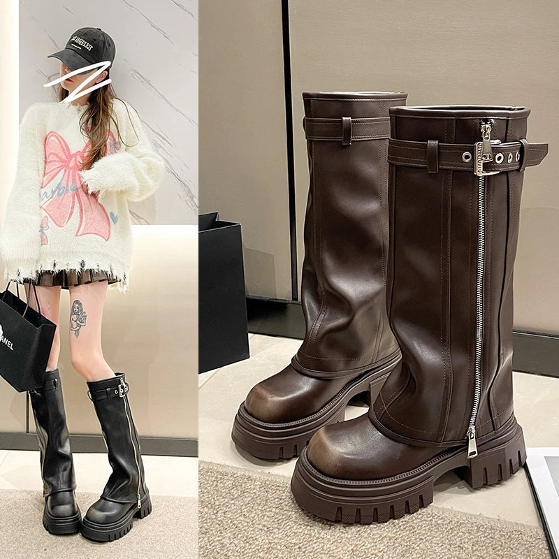 STORESDE Winter Women Biker Boots Fashion Belt Buckle Ladies Elegant Platform Long Pipe Booties Casual Women's Knee High Booties2026
