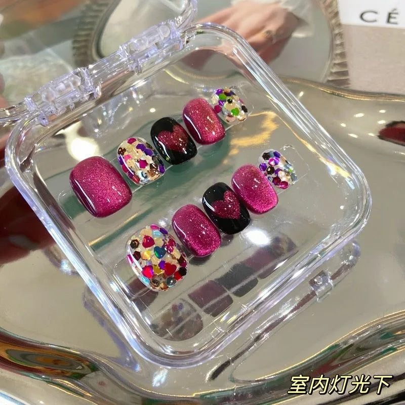 STORESDE 10pcs Handmade press on Nails Dragon Fruit Crystal Cat's Eye Glittering Heart Fake Nail for Women&Girl Removable wearable Nail