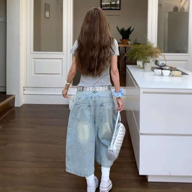STORESDE 2025 Summer Sexy Vintage Style Harajuku Blue Jeans Women's Y2K Punk Street Baggy Denim Trouser Casual Mop Calf Length Pants