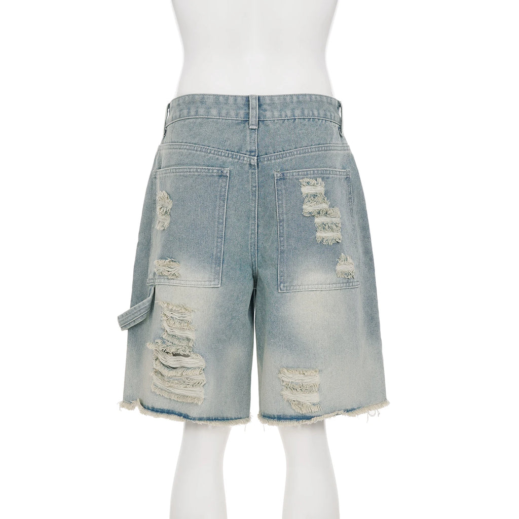 STORESDE SUCHCUTE Fashion Women Ripped Raw Hem Retro Jeans Shorts  Summer Five-Pocket Denim Shorts Chic Straight Legged Pants Streetwear