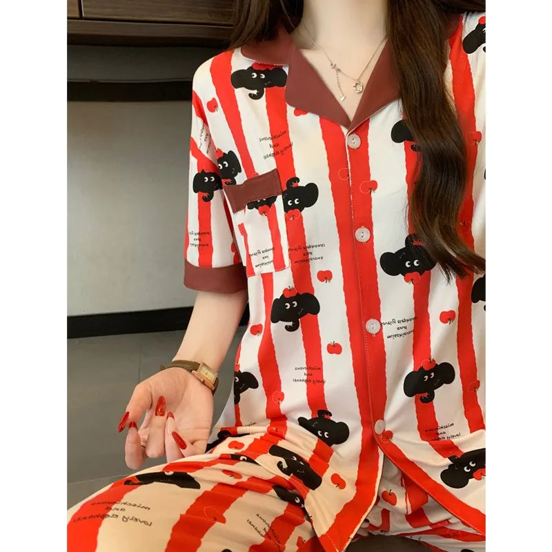STORESDE Cute Elephant Strip Print Women's Pajama Set Sleepwear Loungewear Y2K Korean Style Sweet Kawaii Summer New Casual Pajamas Set