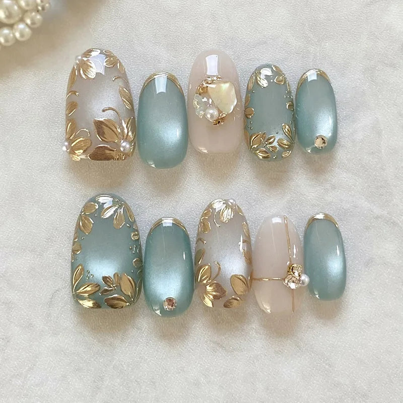 STORESDE 24pcs False Nails Glossy Green Summer Almond Fake Nail Tips Wearable Detachable Fashion Flower Print Press on Nails for Girl