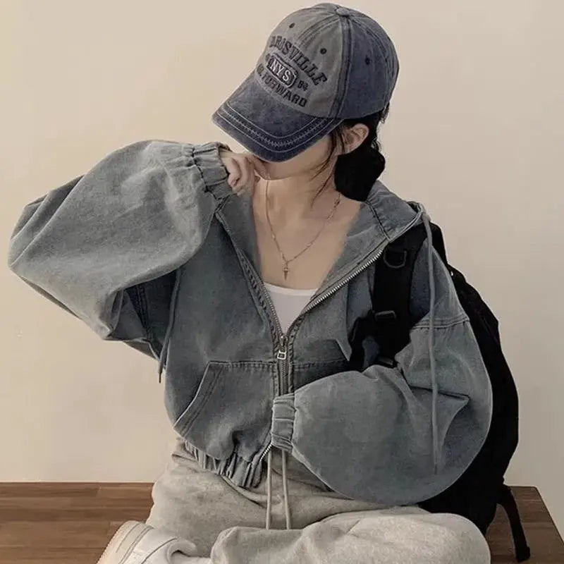 STORESDE Women's Short Denim Jacket Loose Long Sleeved Casual Fashion Fall  Retro Zipper Design Hoodie Outerwear Versatile Outwear