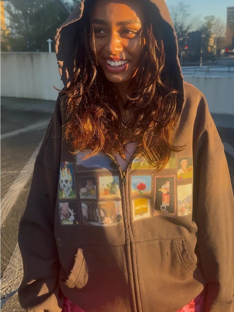 STORESDE Y2K Retro Gallery Hoodie Brown Pixel Painting Art Pattern Zip Up Sweatshirt Trendy Classic Streetwear Unisex Oversize Clothing
