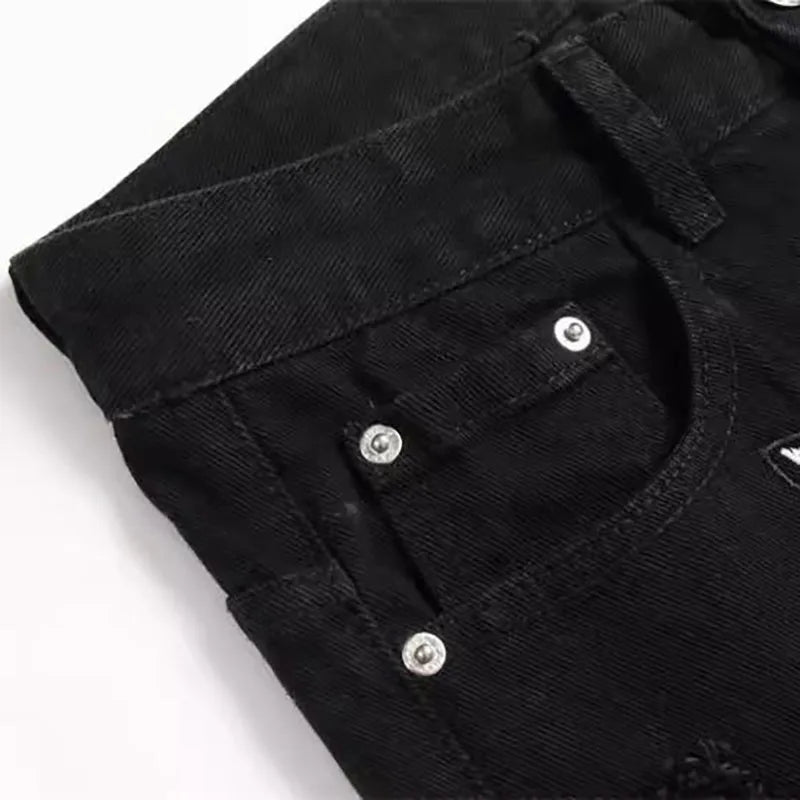 STORESDE Autumn And Winter Retro Black Ripped Jeans Men'S Straight Leg Pants Pentagram Patch Casual Jeans Pants