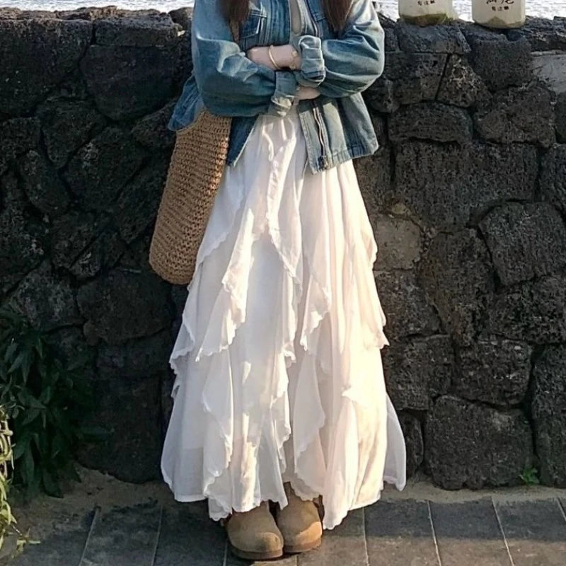 STORESDE Deeptown Sweet Elegant White Long Skirt Women Fairycore Korean Style Lace Ruffle Skirt Asymmetrical Retro Street Layered Skirts