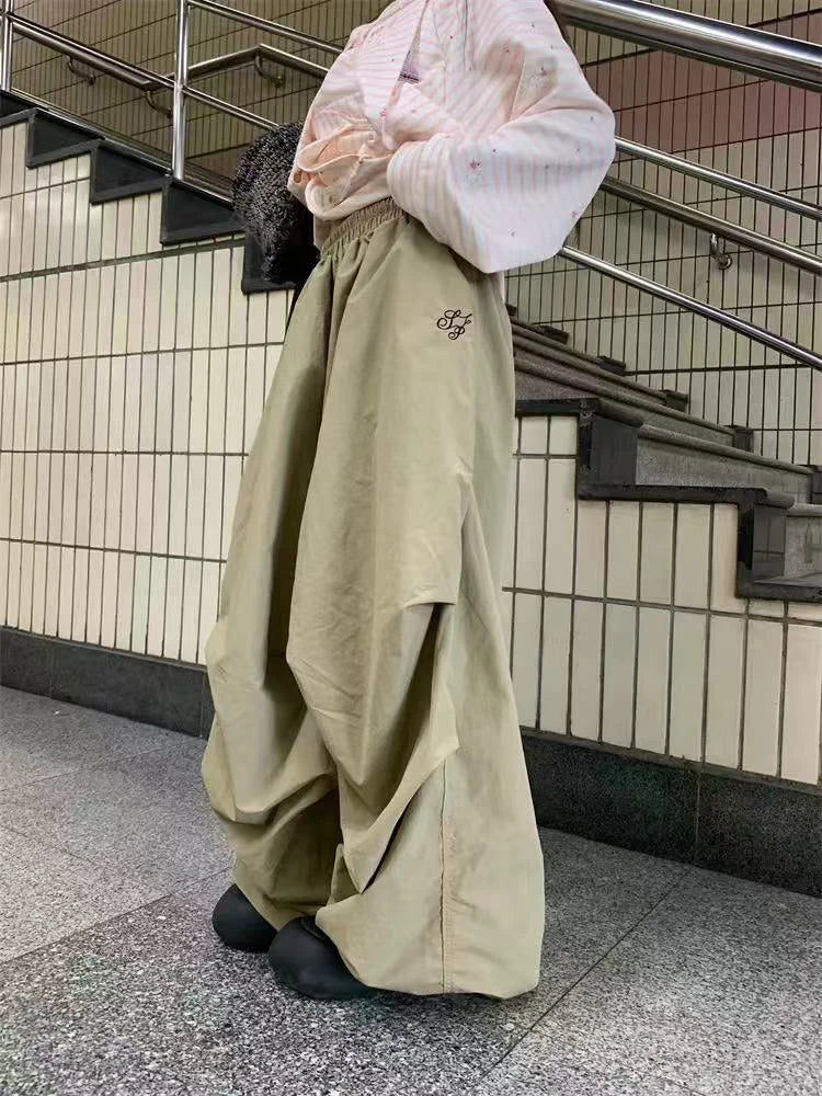 STORESDE American Baggy Parachute Pants Women Summer High Waist Oversized Cargo Trousers Y2K Loose Streetwear Folds All Match Pants Mujer