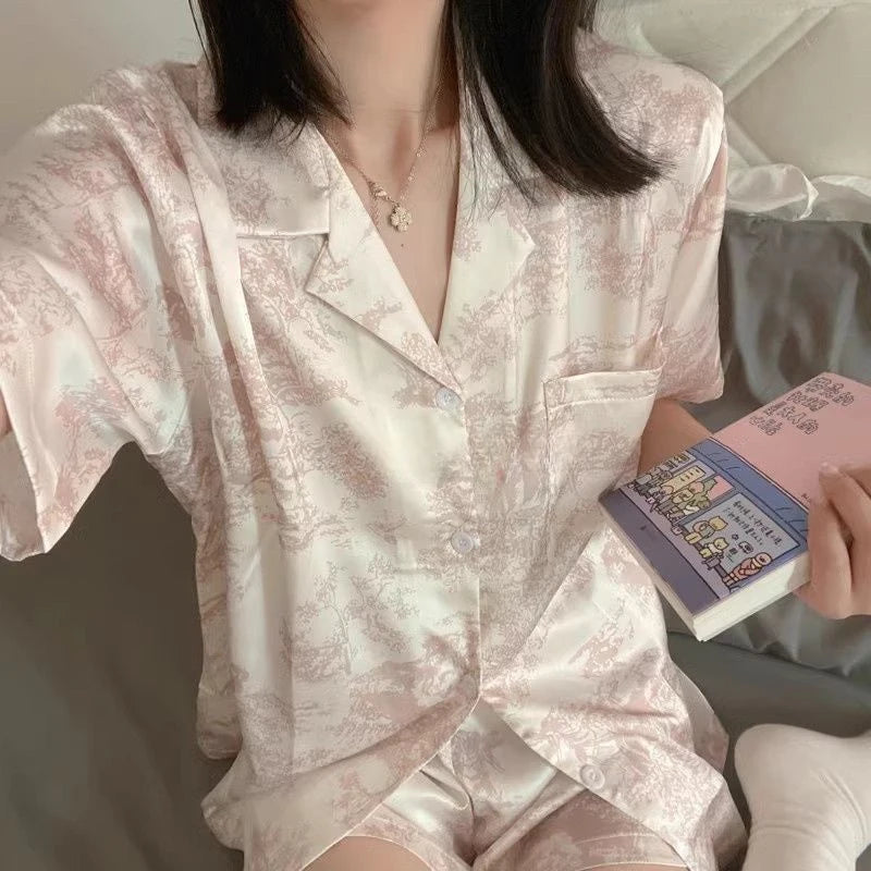 STORESDE Women's 2pcs Cute Print Short Sleeve Button Top and Shorts Pink Sleepwear Soft Comfy Homewear Casual Loungewear Pajama Set