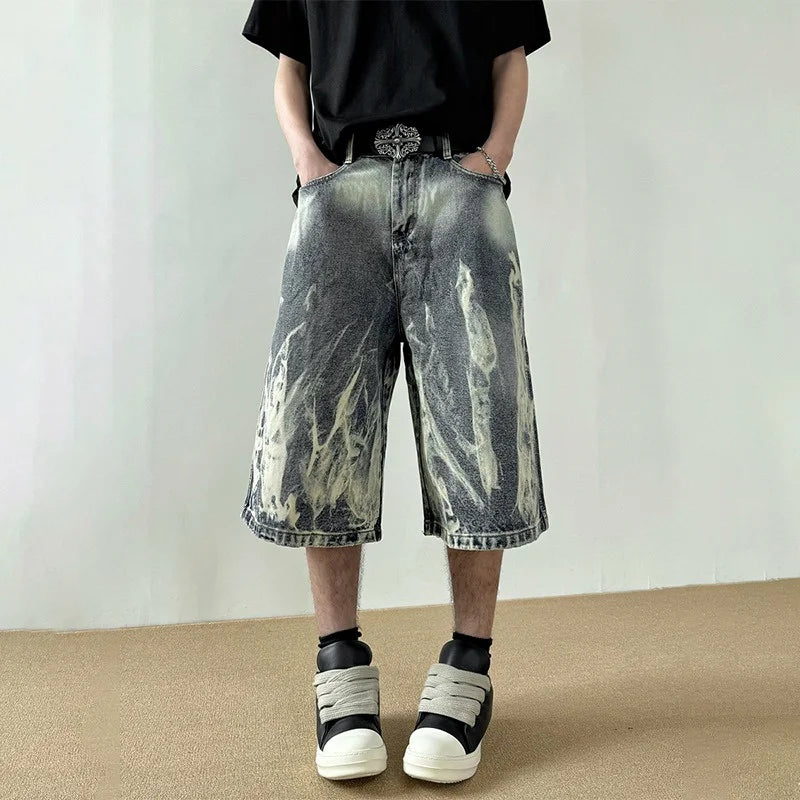 STORESDE 2026 New Flame Graphic Print Denim Shorts For Men Hip Hop Fashion Straight-leg Baggy Jorts Punk Tie Dye Gradient Y2K Short Jean