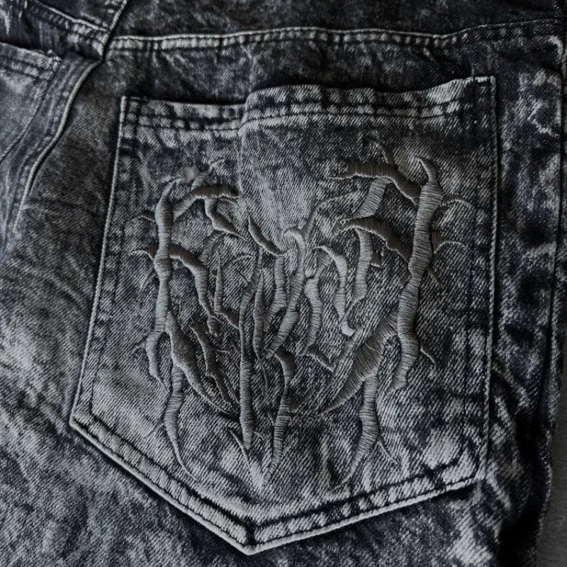 STORESDE Gothic Retro Oversized Baggy Fit Unisex Mopping Pants Y2K Phantom Jeans High Street Spider Embroidered Patch Hip Hop Streetwear