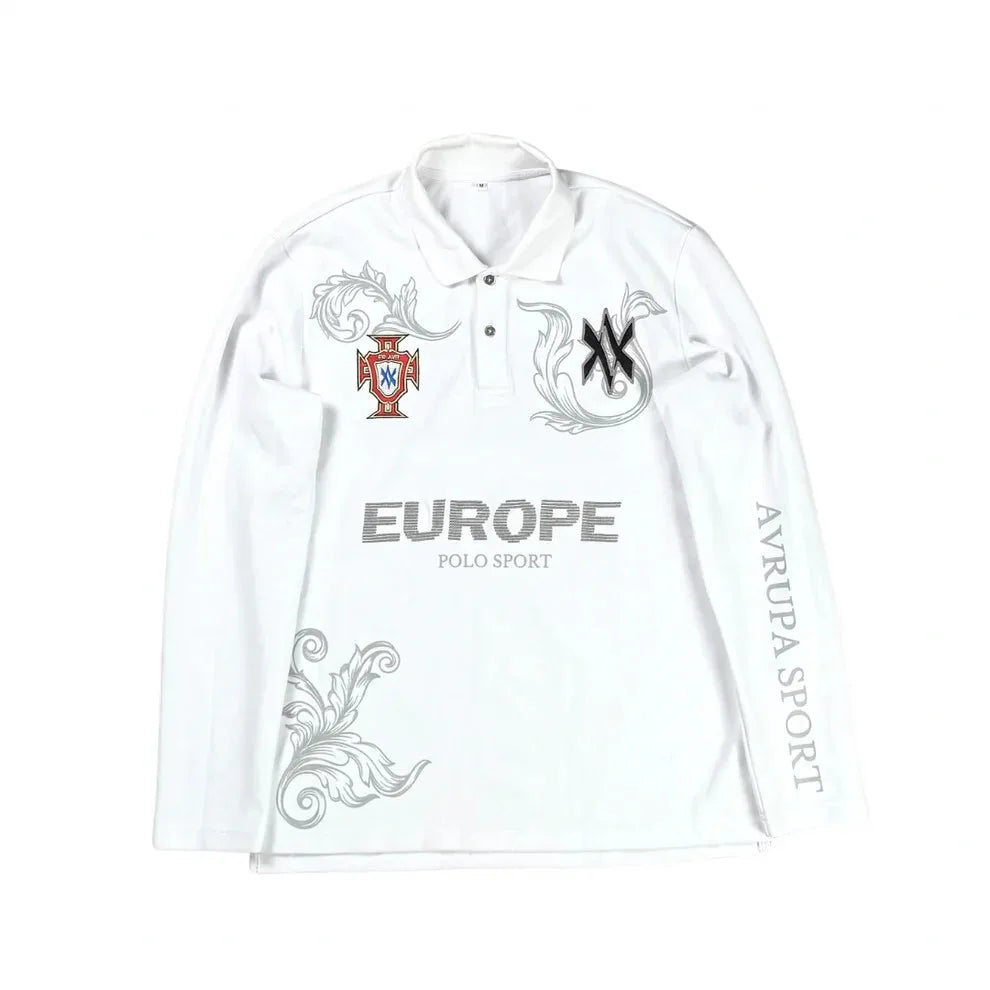 STORESDE Retro Long Sleeve Polo Shirt Y2k Casual Loose Letter Pattern Embroidery T Shirts Street Sweatshirt Men Cotton Jersey Lapel Golf