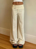 STORESDE Vintage Y2K Korean Streetwear Pants Woman Low Rise Straight Loose Beige Trousers Button Up Basic 2000S Women Casual Pants