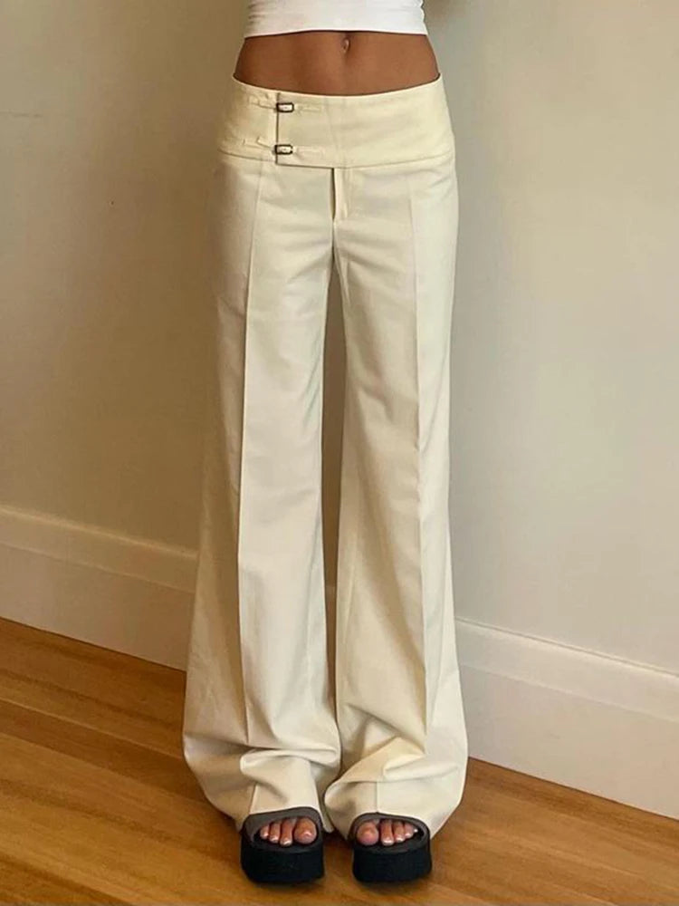 STORESDE Vintage Y2K Korean Streetwear Pants Woman Low Rise Straight Loose Beige Trousers Button Up Basic 2000S Women Casual Pants