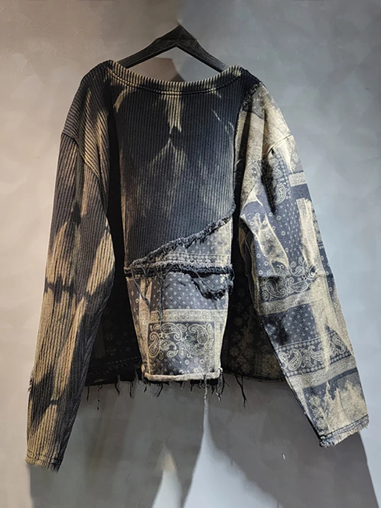 STORESDE DEAT Women Pullover Knitted Distressed Tie-dye Printed Black Vintage Tassel Long Sleeve Sweater Summer 2026 New Fashion 11A0969