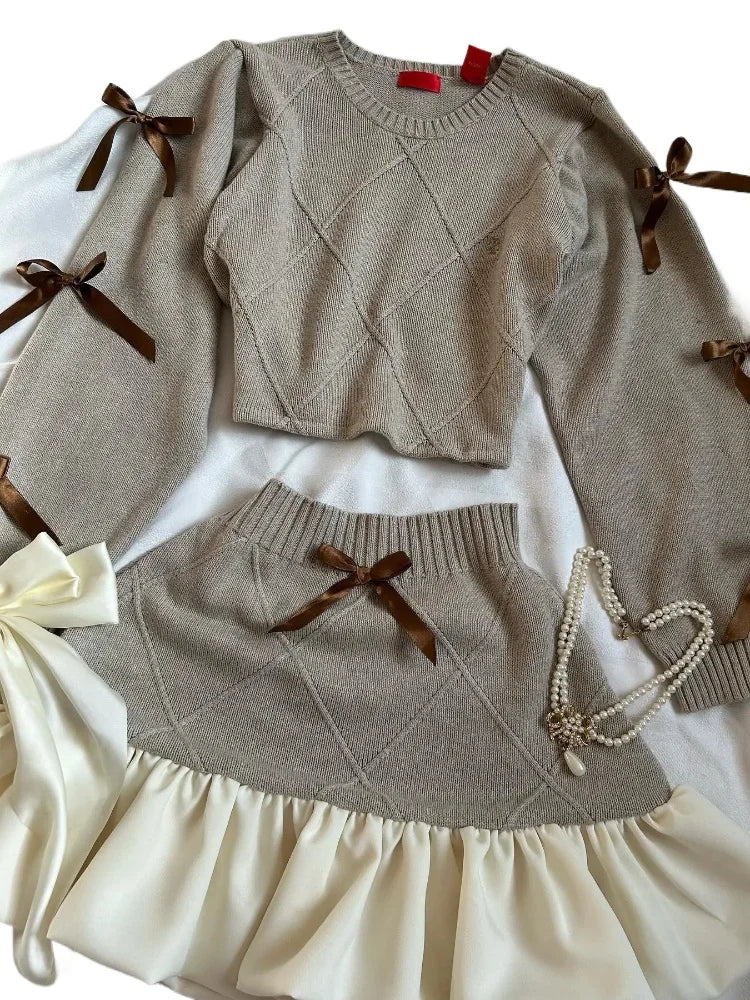 STORESDE Fashion Trend Y2k Knitted Splicing Two Piece Set Women Bow Long Sleeve Knitted Slimming Sexy Top Mini Pleated Skirt Autumn Set