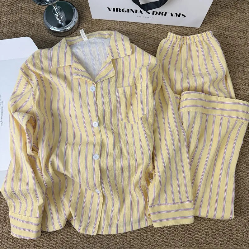 STORESDE Korean-Style Simple Striped Pajamas for Women, New Spring and Summer Loose Lazy Long-Sleeve and Long Pants Homewear Set