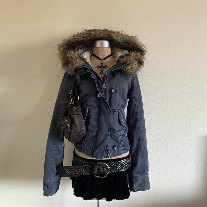 STORESDE Winter Fashion New Solid Color Fur Collar Hooded Cotton-padded Jacket Women Y2K Street Vintage Pop College Cotton-padded Jacket