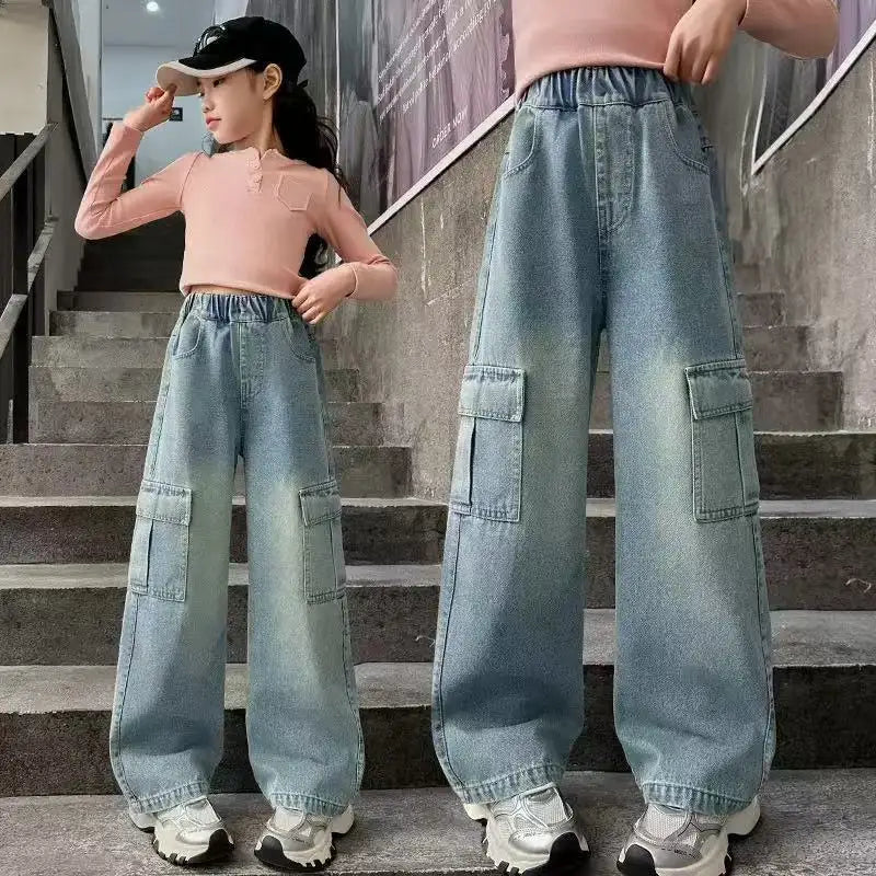 STORESDE Girls Cargo Jeans Kids Wide-legged Denim Pants Teenagers Fashion Streetwear Loose Trousers Children Casual Clothes 5-12Y