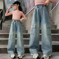 STORESDE Girls Cargo Jeans Kids Wide-legged Denim Pants Teenagers Fashion Streetwear Loose Trousers Children Casual Clothes 5-12Y