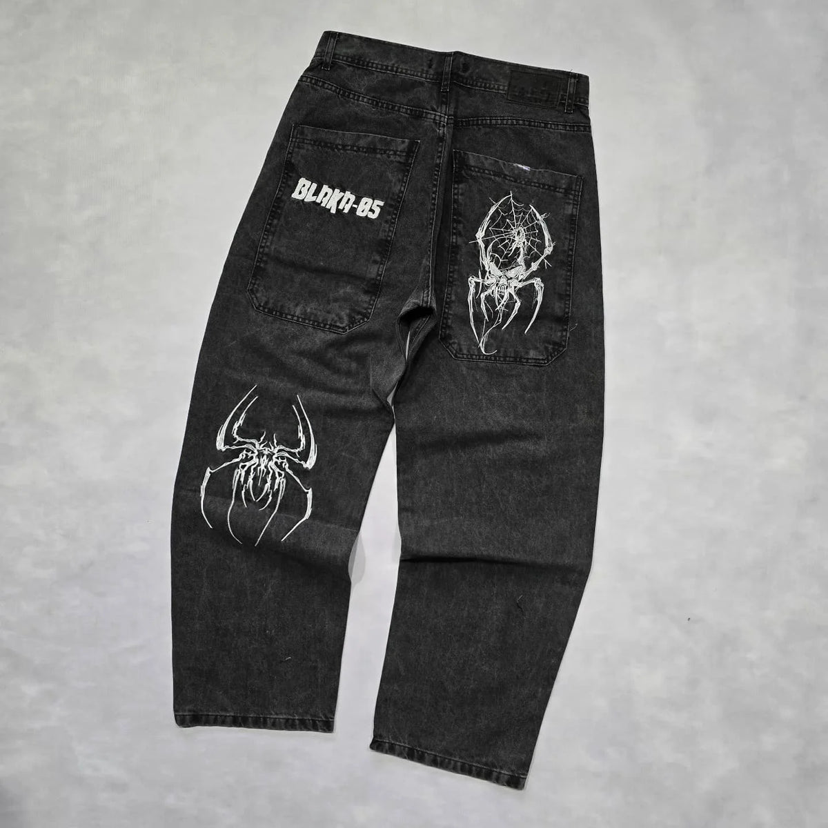 STORESDE Hip Hop Gothic Retro Spider Pattern Embroidery Baggy Jeans Y2k America Trendy Punk Mens Straight Wide Leg Denim Pants Black Jean