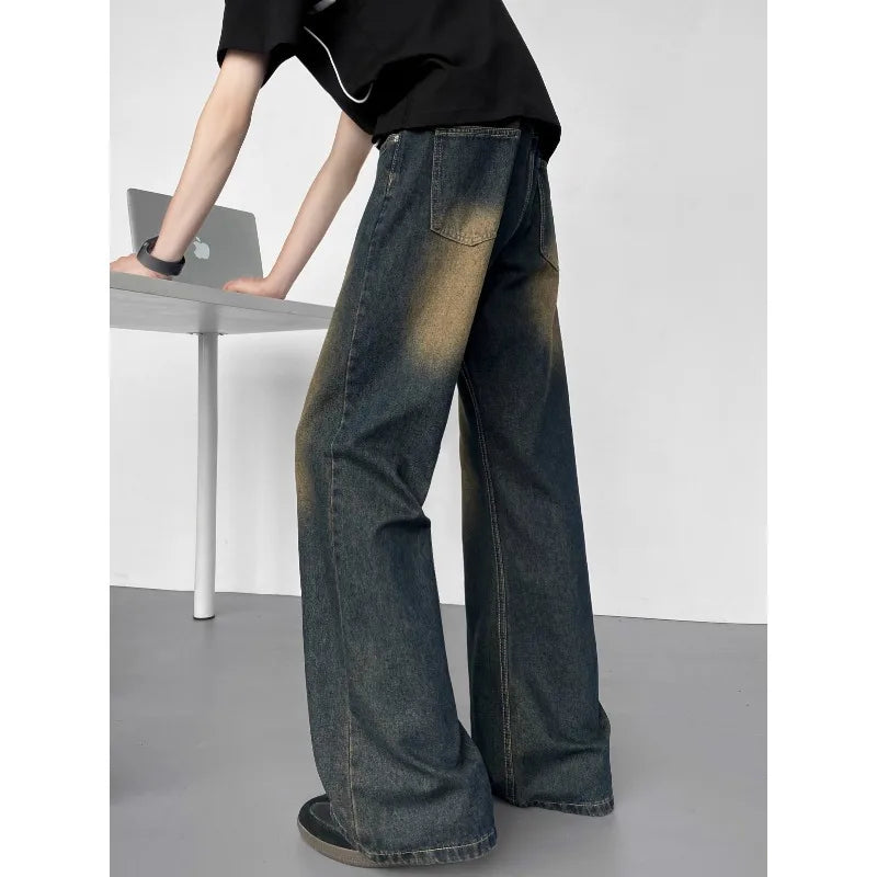 STORESDE New American Vintage Washed Distressed Men's Jeans Baggy Jeans Micro Flare Retro Streetwear Hip Hop Trousers