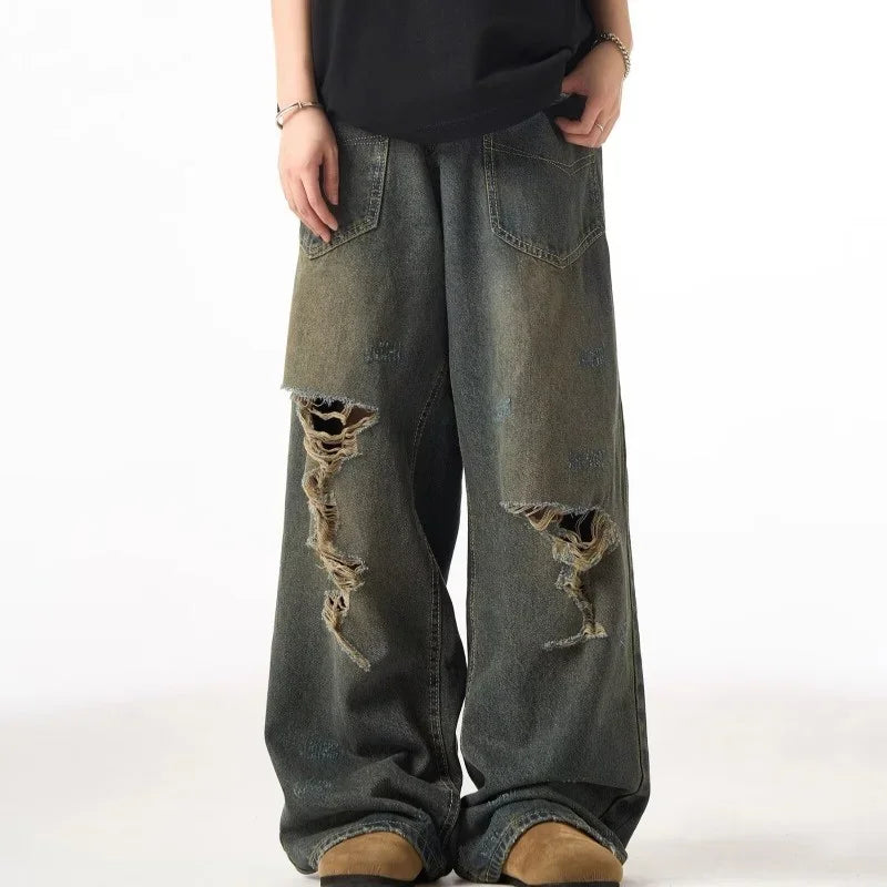 STORESDE Spring American Retro Ripped Wide-leg Jeans For Men High Street Fashion Distressed Baggy Denim Pants 2025 New Casual Y2K Jean