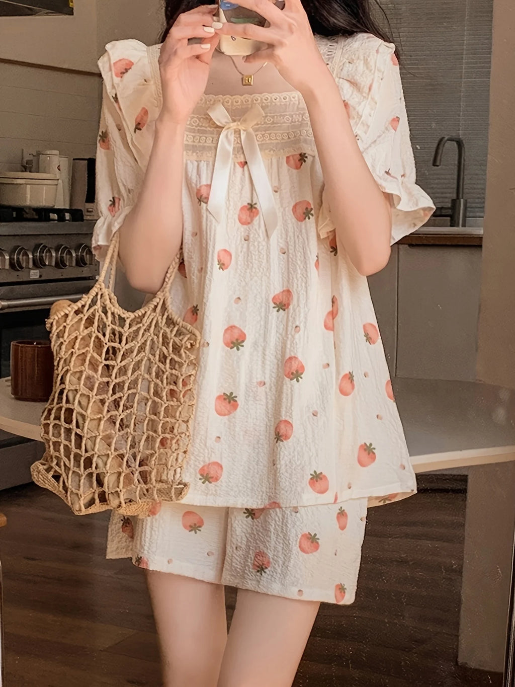 STORESDE Charming Strawberry Print Loungewear Set Soft Fabric with Bow Detail Puff Sleeve Square Neck Top Elastic Shorts for Women Summer