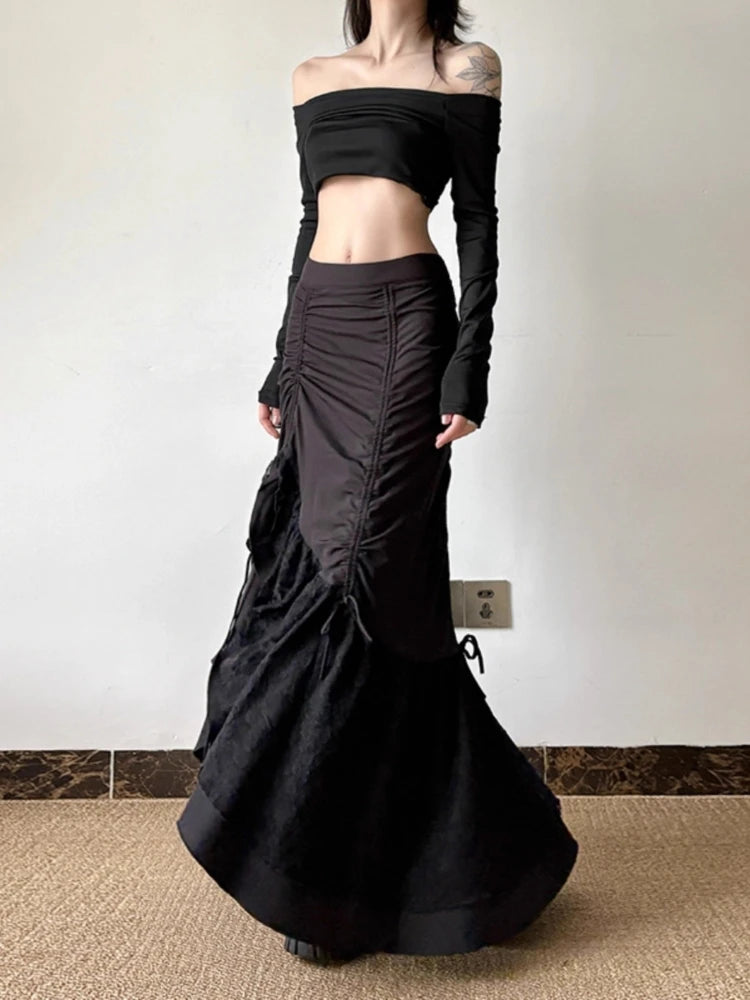 STORESDE Y2k Spicy Girl Skirts Solid Color Lace Patchwork Draw String Irregular Long Skirt Harajuku Design Streetwear Women's Clothing