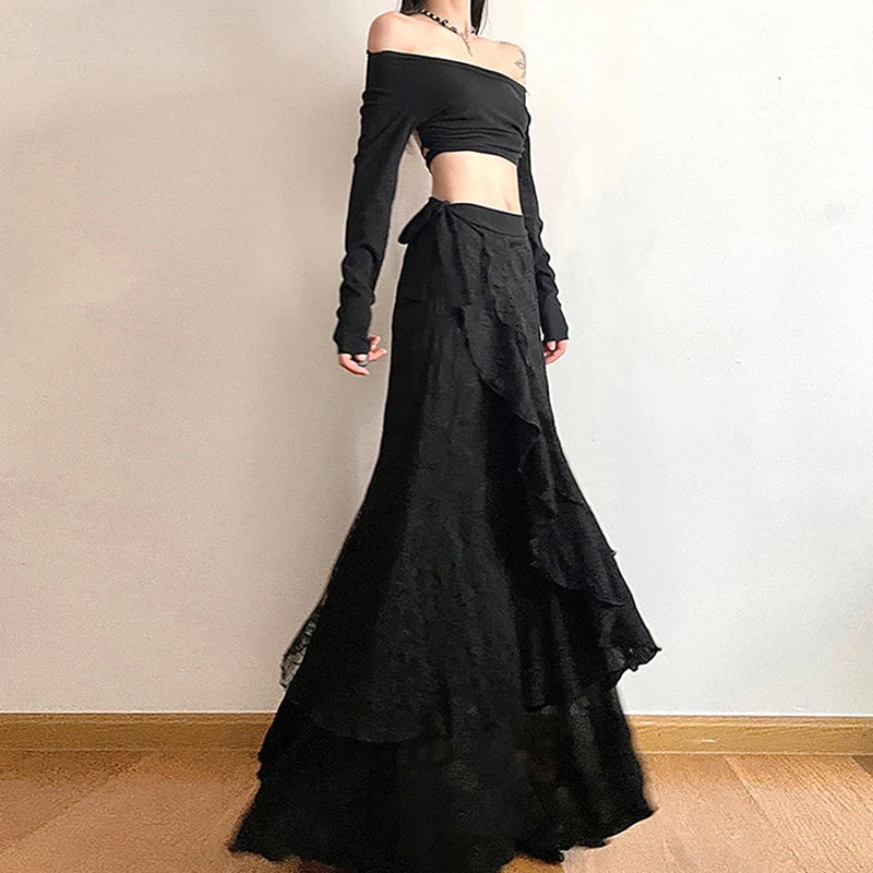 STORESDE Y2K Black Long Skirt Women Harajuku Gothic Lace Asymmetrical Maxi Skirts Summer Korean Ruffles Patchwork Bandage Design Faldas