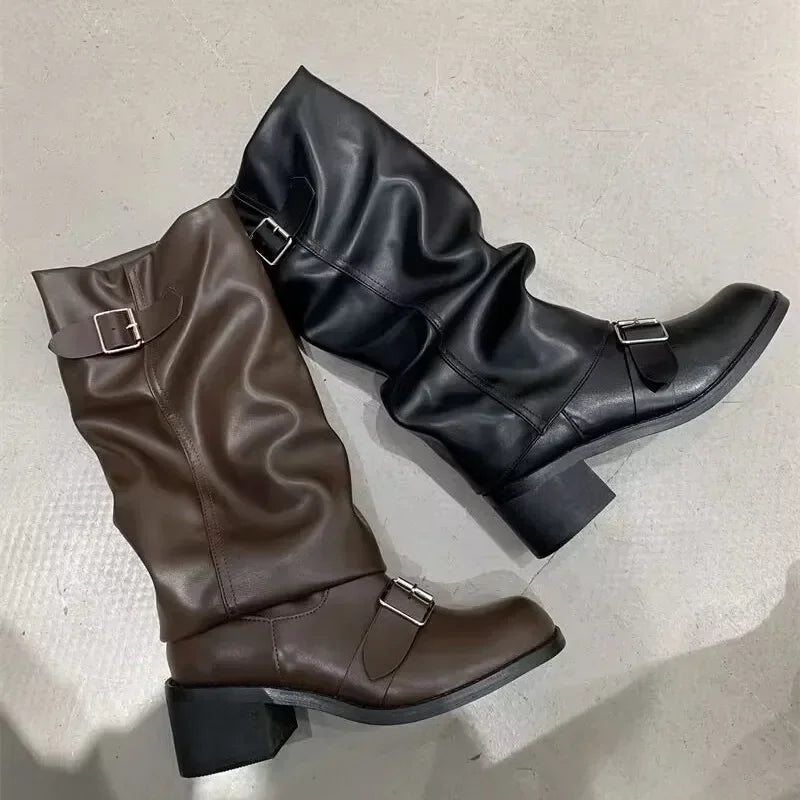 STORESDE Woman Boots Knee High Platform Chunky Heels Trend Punk Gothic New Rock Leather Fashion Women's Shoes Motorcycle Footwear Q221