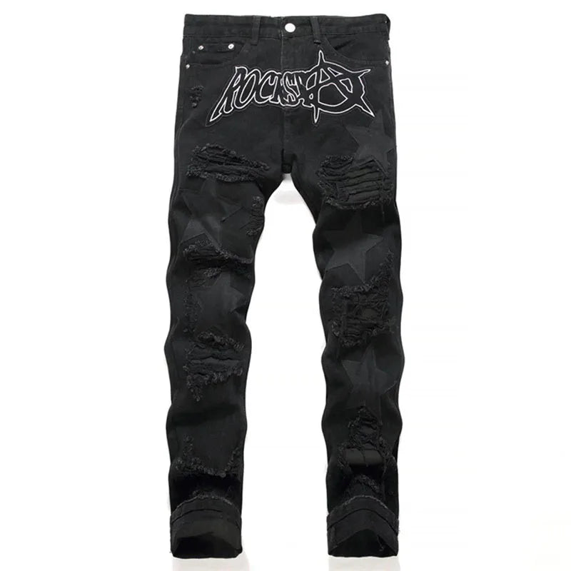 STORESDE Autumn And Winter Retro Black Ripped Jeans Men'S Straight Leg Pants Pentagram Patch Casual Jeans Pants