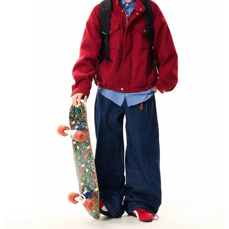 STORESDE New Korean Retro Blue Straight Leg Jeans Casual Loose Wide Leg Pants Fashion Men's Wide Jeans High Quality Pants