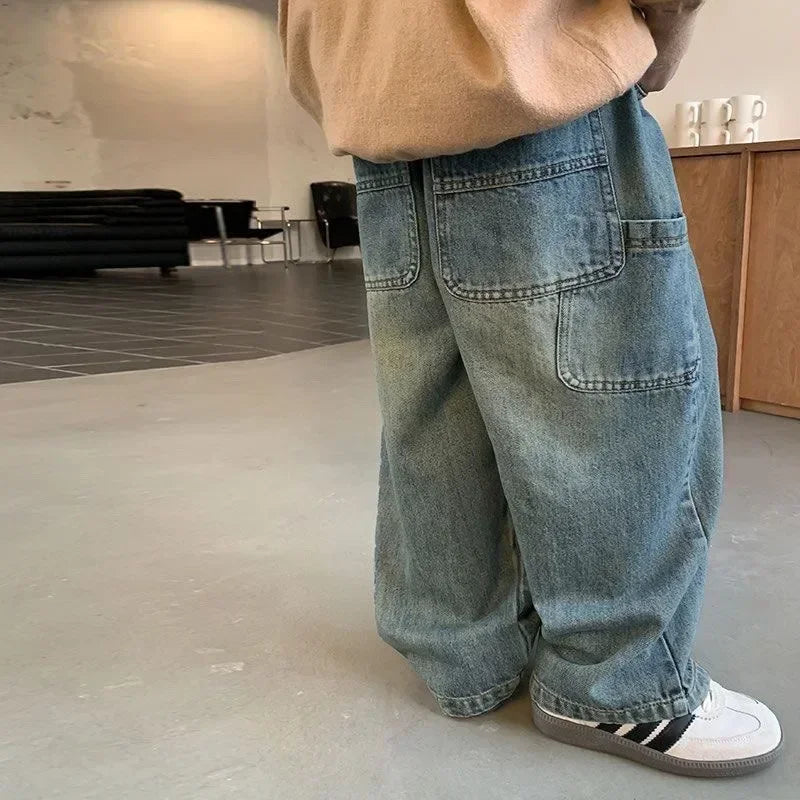 STORESDE Children's Retro Jeans Loose Straight Pants Wide Leg Pants for Boys and Girls 2025 New Spring Autumn Kid's Denim Pocket Trousers