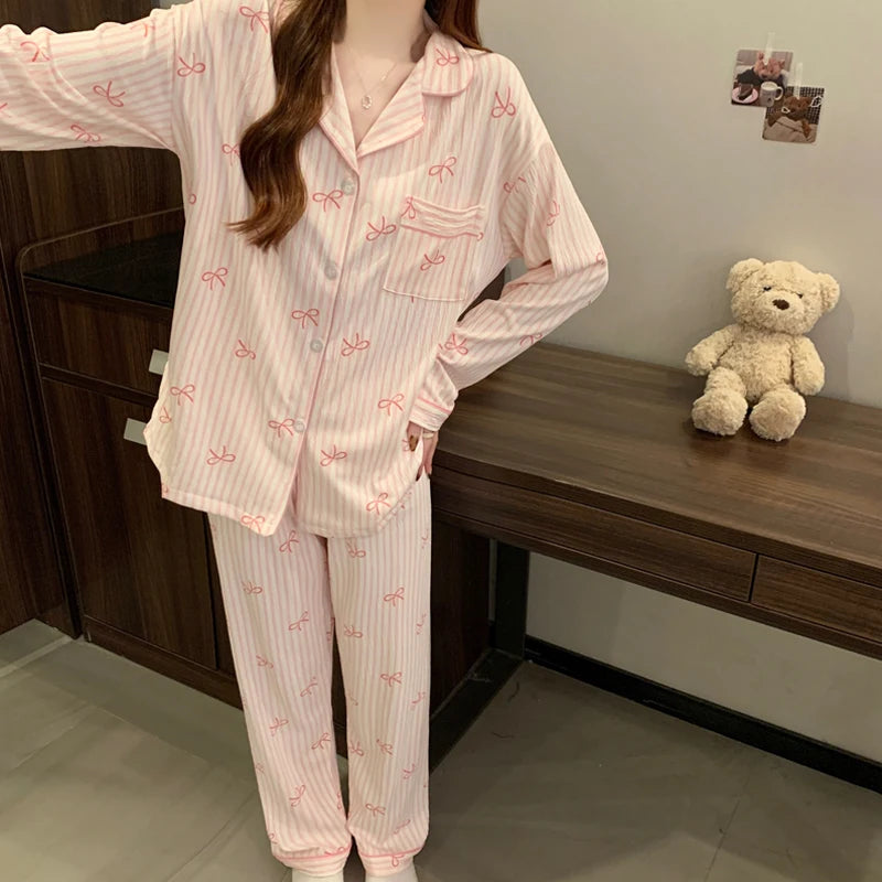 STORESDE Pink Bow Tie Design Pajamas for Women Long Sleeve Top & Elastic Waist Pants Pajamas Set Harajuku Style Casual New Home Wear