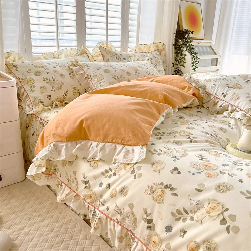 STORESDE Princess Style Ruffles 100% Cotton Quilt Cover Set or Single Quilt Covers Floral Soft Duvet Cover Cotton Cute Comforter Covers