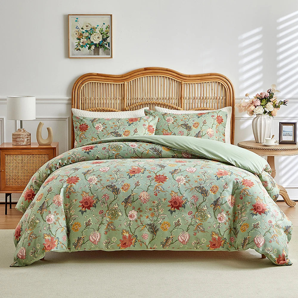 STORESDE Vintage Floral Printed Duvet Cover Set Soft Breathable Double Bed Bedding Set All Season Queen Size Quilt Cover and Pillowcases