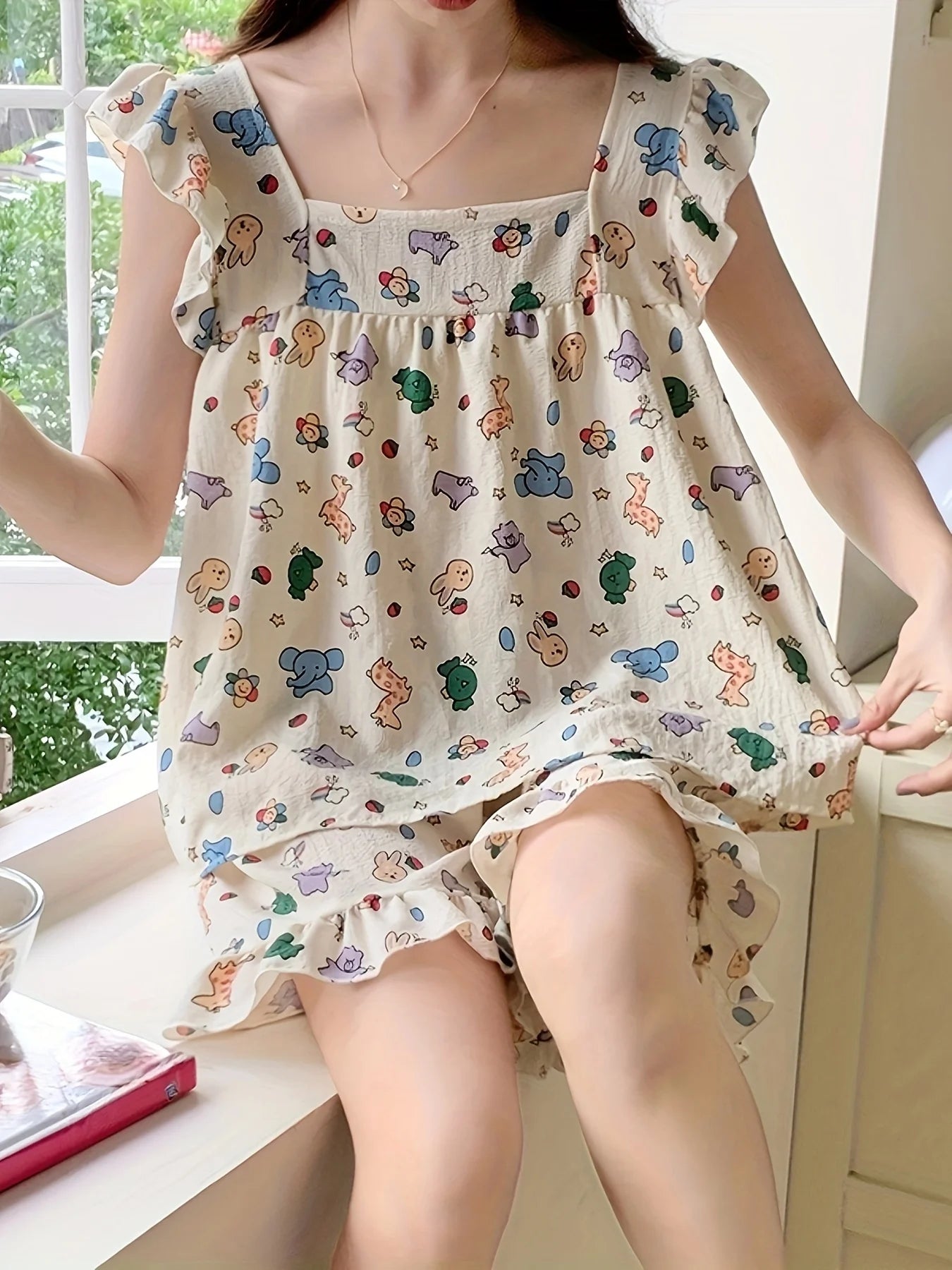 STORESDE Allover Cartoon Print Lounge Set Ladies Summer Cute Ruffle Sleeve Square Neck Top & Shorts Kawaii Women's Loungewear Summer