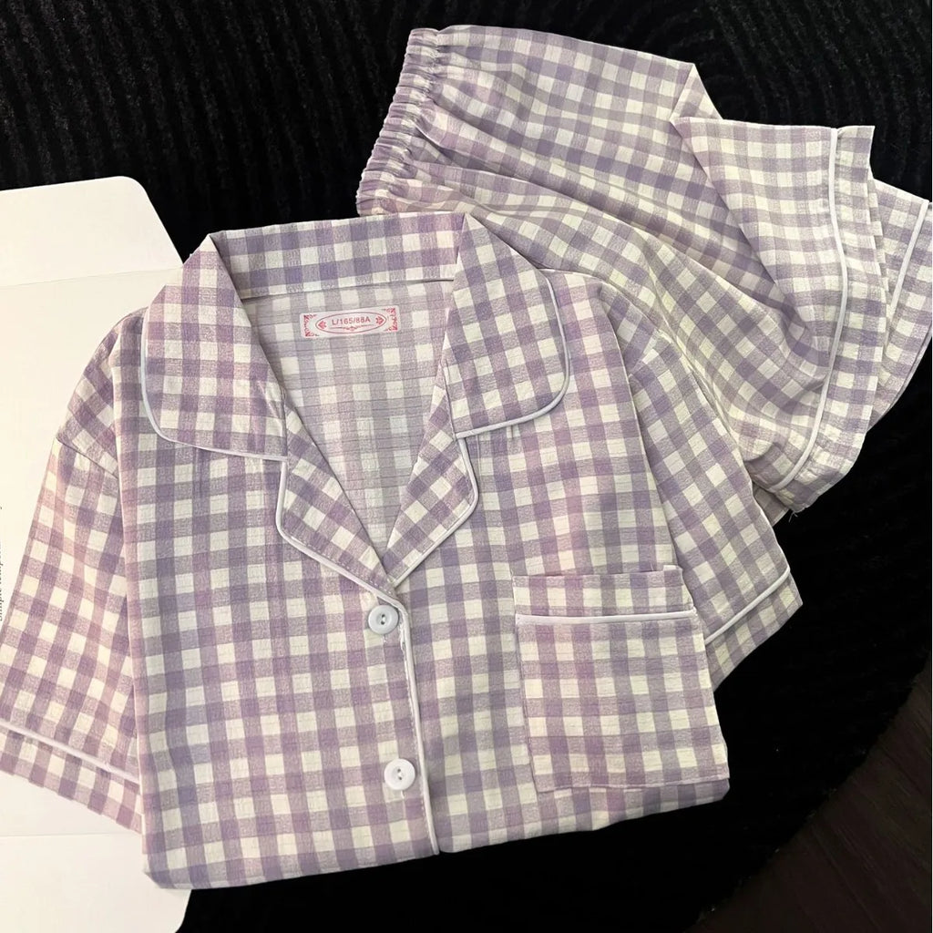 STORESDE Ins Japanese-Style Minimalist Women's Pajamas Summer Bubble Cotton Cute Girl Loose Short-Sleeve Shorts Loose Summer Outfit Set