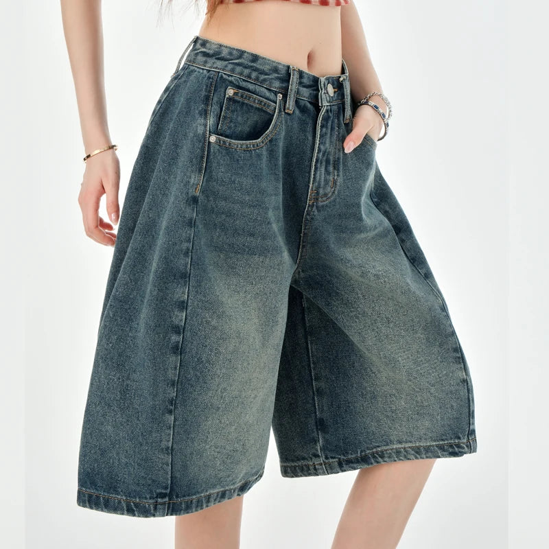 STORESDE Loose Wide Leg Denim Knee Length Pants Women American Vintage Slimming Shorts