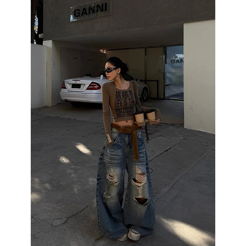 STORESDE ZHIZOU Women Blue Baggy Y2k Ripped Jeans Hip Hop Grunge Wide Jean Pants Vintage 2000s Harajuku Denim Trousers Clothes Summer