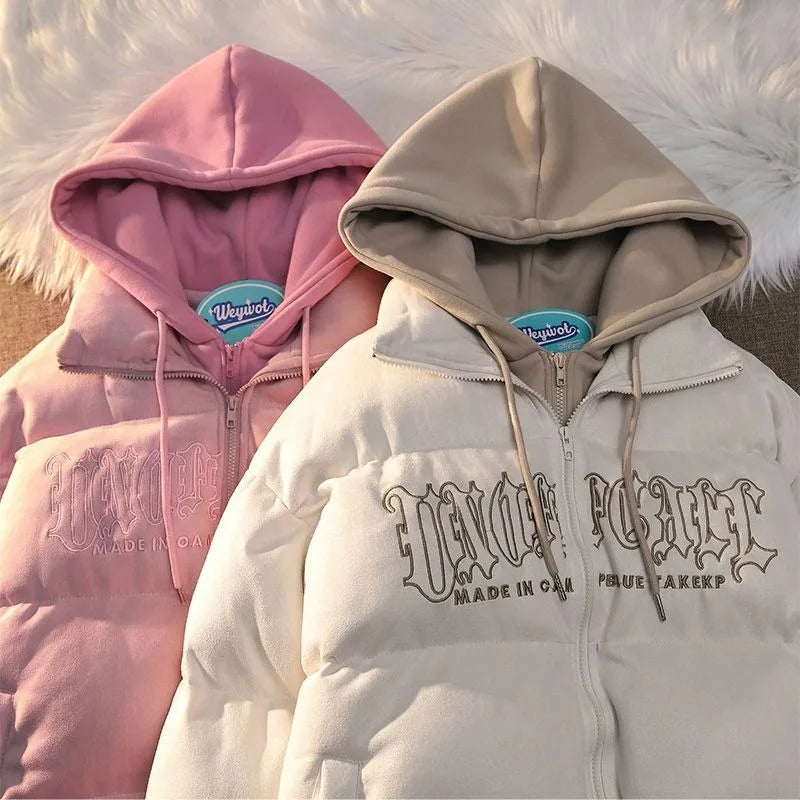 STORESDE American New Niche Ins Fake Two-piece Hooded Bread Coat Y2K Street Fashion Loose Retro Couple Coat Tide Men And Women Streetwear