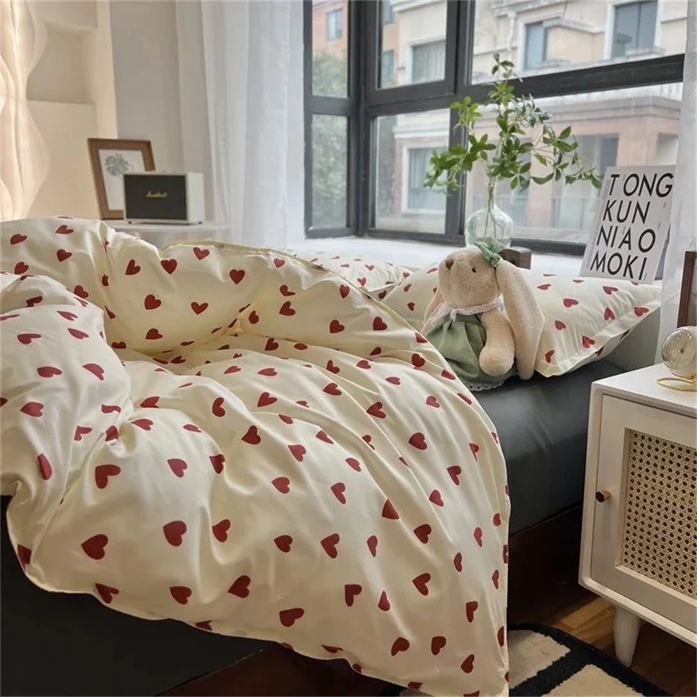 STORESDE Korean Style Bedding Set Kid Adult Twin Full Queen Size Bed Flat Sheet Set Pillowcase Bed Linen Love Heart Duvet Cover