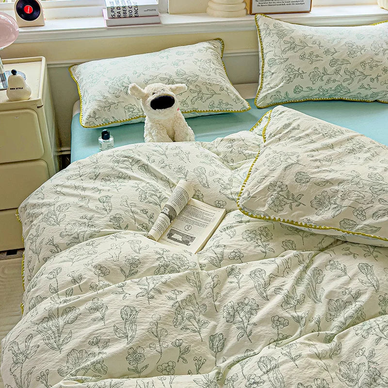 STORESDE Flower Printed Duvet Cover Sets Queen/King Bedding Set with Shell Edge Washed Cotton dekbedovertrek 240x220  이불 커버 Bed Cover Set