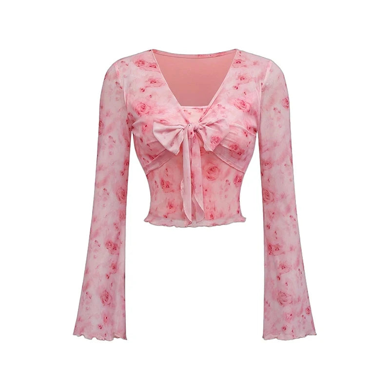 STORESDE Summer Women's Y2k Floral Printed Sweet V-Neck T-shirts Mesh Beach Party Dress Top Flare Sleeve Square Collar Lace Up Shirt 2025