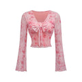STORESDE Summer Women's Y2k Floral Printed Sweet V-Neck T-shirts Mesh Beach Party Dress Top Flare Sleeve Square Collar Lace Up Shirt 2025