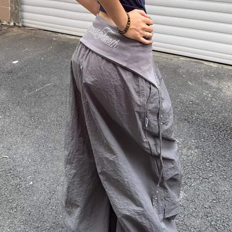STORESDE Y2K Cargo Pants Women Streetwear Letter Diamond Baggy Sweatpants Harajuku White Wide Leg Joggers Summer Grunge Casual Trousers