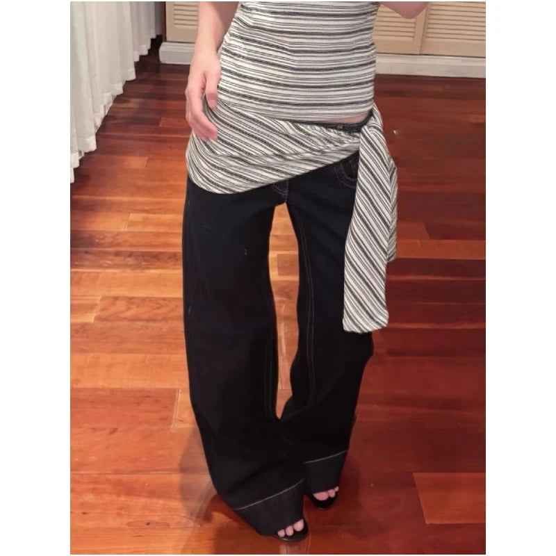 STORESDE Women's American Blue Button Design Jeans Low Waist Straight Leg Loose Wide Leg Drapey Long Pants Y2K Style Slimming Denim