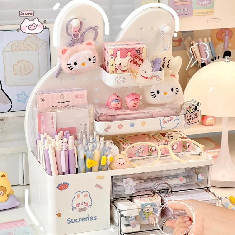STORESDE Desktop Hole Board Storage Box Desk Organizer Girls Cute Pen Holder Storage Stationary Rack Korean Kawaii Bunny Cosmetic Shelf