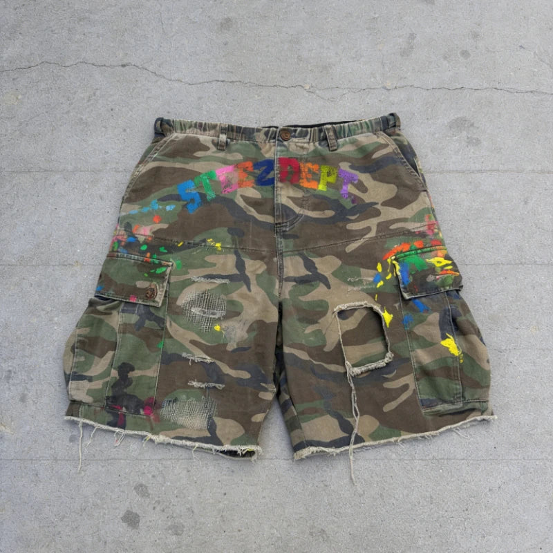 STORESDE Y2K American Cargo Shorts Paint Splatter Camouflage Pattern Bottom New Trendy Retro Hip Hop Streetwear Unisex Baggy Short Pants